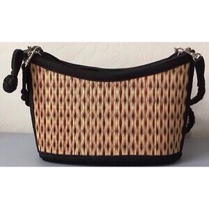 Baskets of Cambodia Woven Grass Straw Crossbody Shoulder Handbag Tan Black NWOT